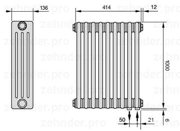 Схема (чертеж) Радиатор Zehnder Charleston 4100/9 №5510 Белый глянцевый RAL 9016